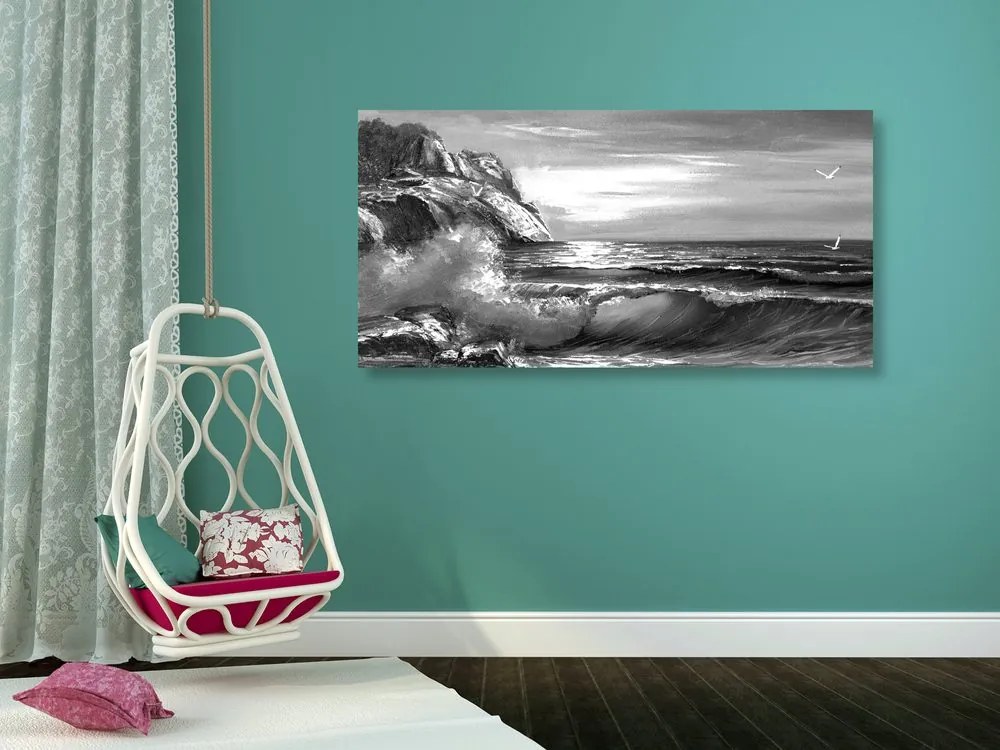 Tablou valuri de mare pe coastă în design alb-negru