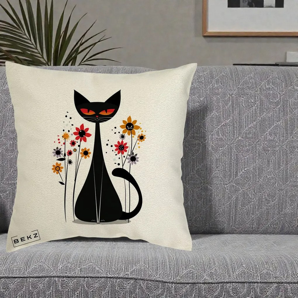 Perna Decorativa Pisica Neagra Ochi Rosii Flori, 40x40 cm, Ecru, Husa Detasabila, Perna Inclusa, BEKZ®