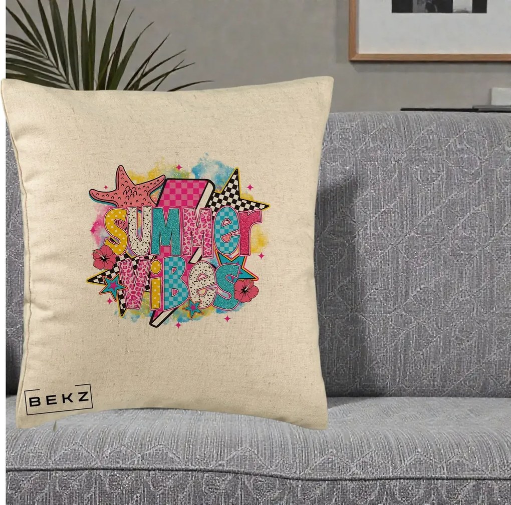 Perna Decorativa Summer Vibes Colorata, 40x40 cm, Bej, Husa Detasabila, Perna Inclusa, BEKZ®