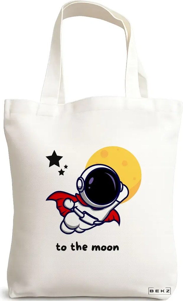 Sacosa de Panza pentru Cumparaturi, Geanta Tote, model To the moon, 38x34.5 cm, Alba, BEKZ®