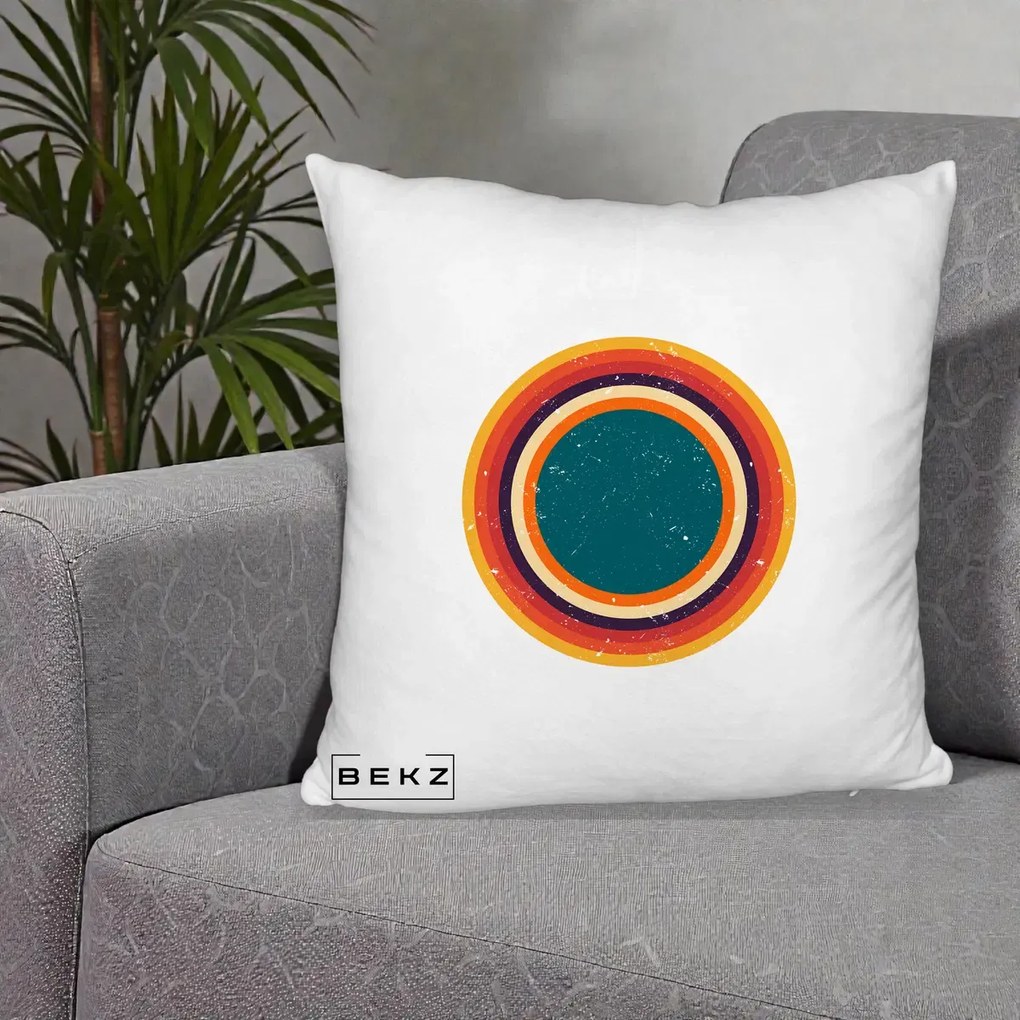 Perna decorativa Retro Cerc Concentric Geometric Vintage, 40x40 cm cu Umplutura, Alb Pufos, BEKZ