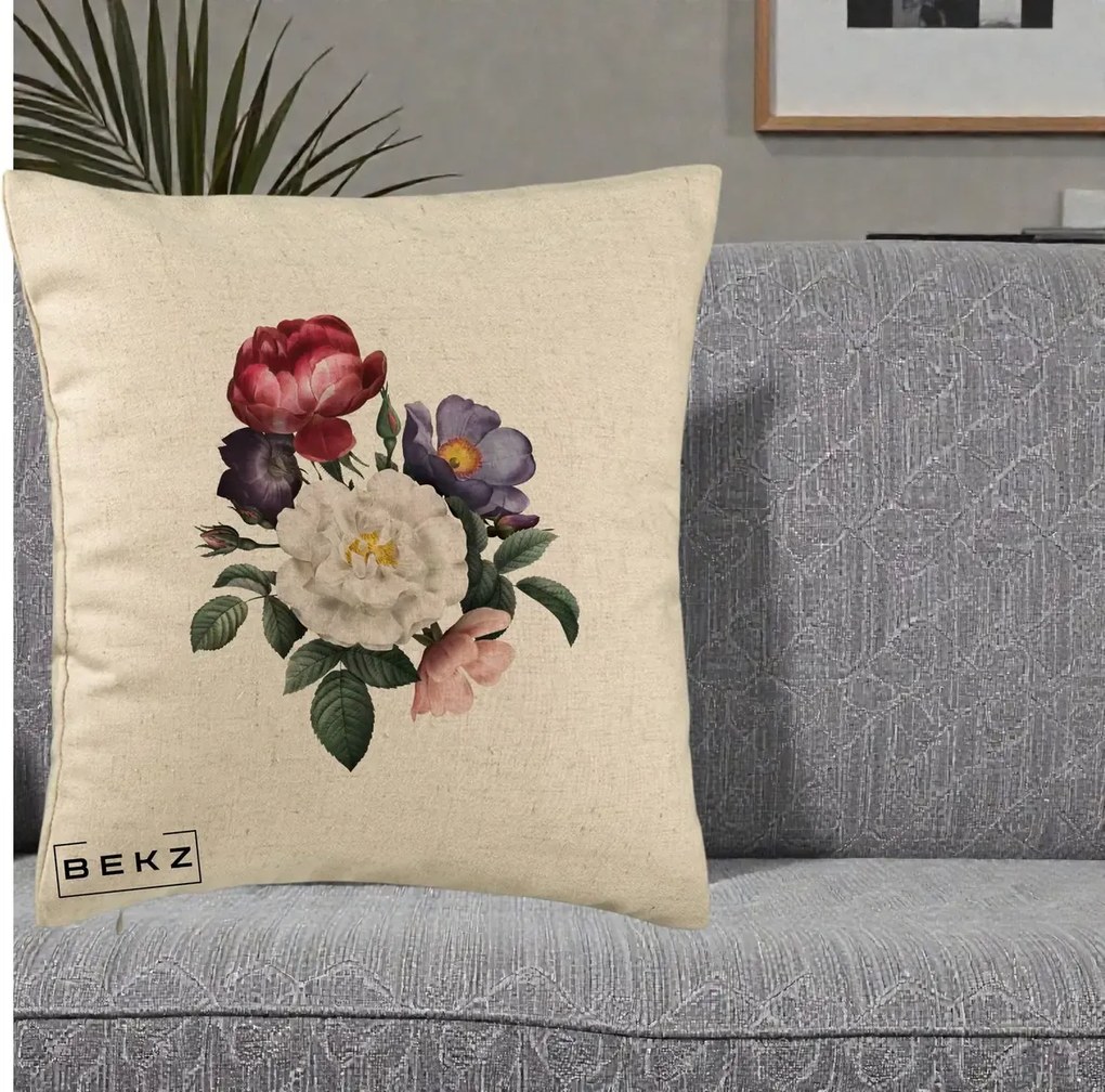 Perna Decorativa Buchet Trandafiri Bujori Botanical, 40x40 cm, Bej, Husa Detasabila, Perna Inclusa, BEKZ®