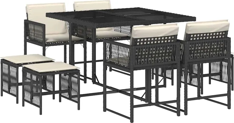 vidaXL Set mobilier de grădină cu perne, 9 piese, negru, poliratan