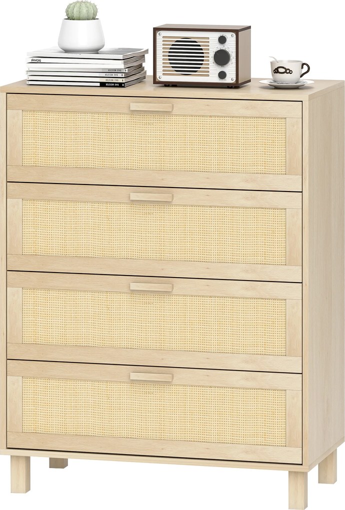 HOMCOM Comodă 4 sertare cannage din ratan dim. 80L x 40l x 103H cm MDF Aspect Lemn Deschis | Aosom Romania