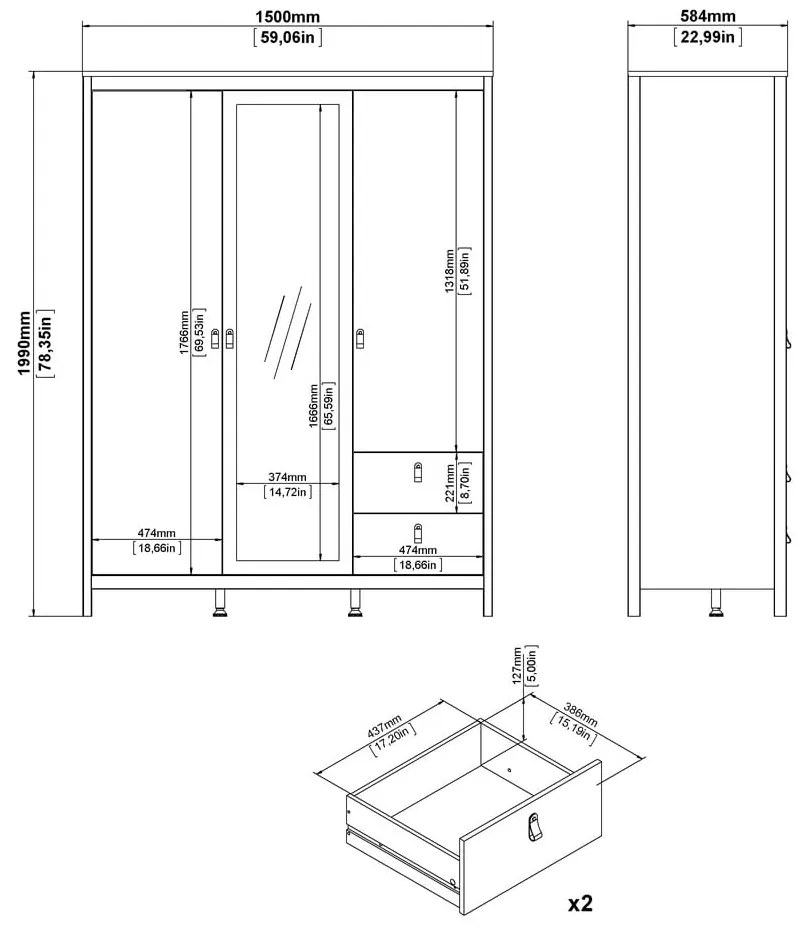 Șifonier negru cu oglindă 150x199x58 cm Madrid – Tvilum