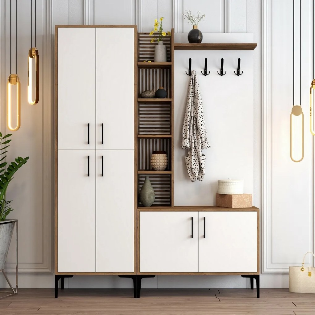 Cuier cu dulap pentru pantofi, rafturi și dulapViyana Walnut and White