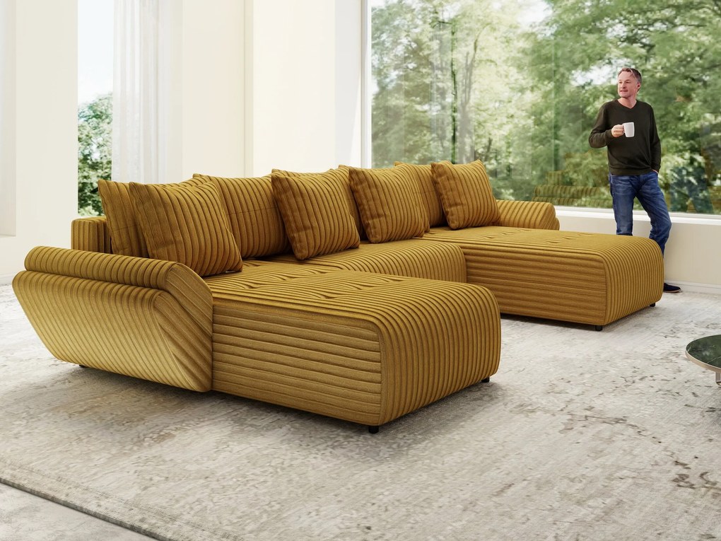 Colțar extensibil dumonde cu ladă de depozitare si sezut confortabil din spuma high-density, Berlin U Ambiance Mustar 380x180 cm