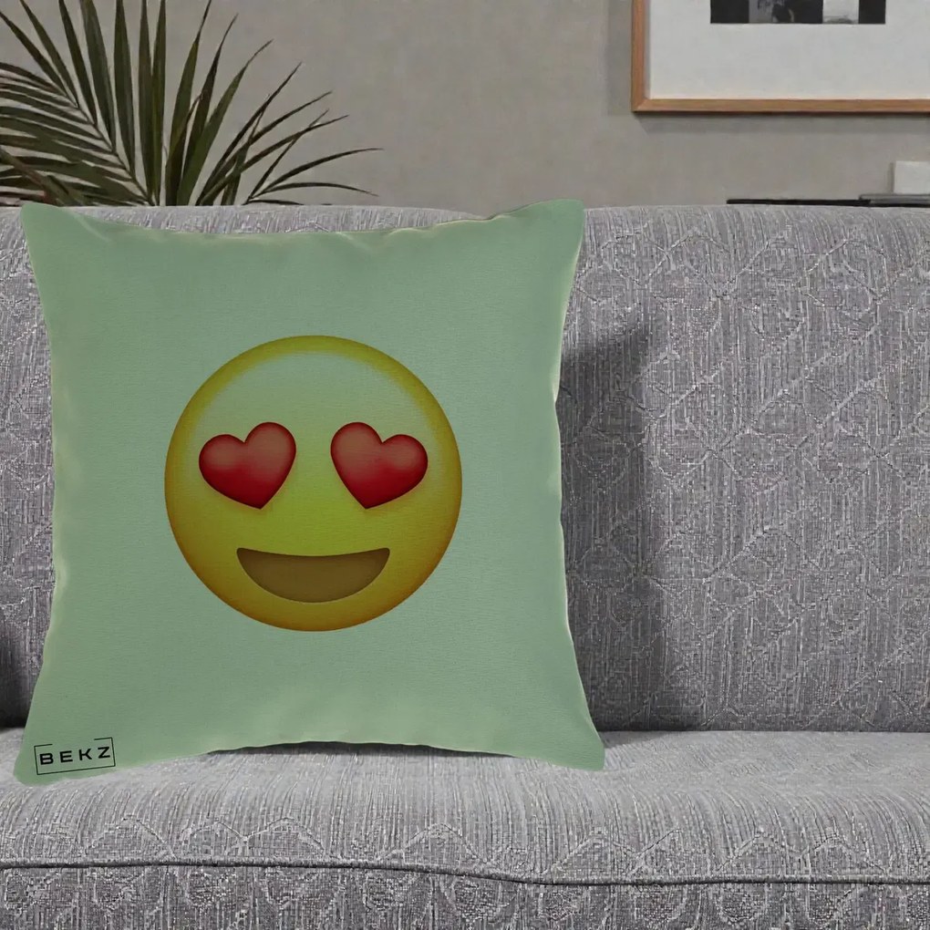 Perna Decorativa Emoji Inimi in Ochi, 40x40 cm, Verde, Husa Detasabila, Perna Inclusa, BEKZ®