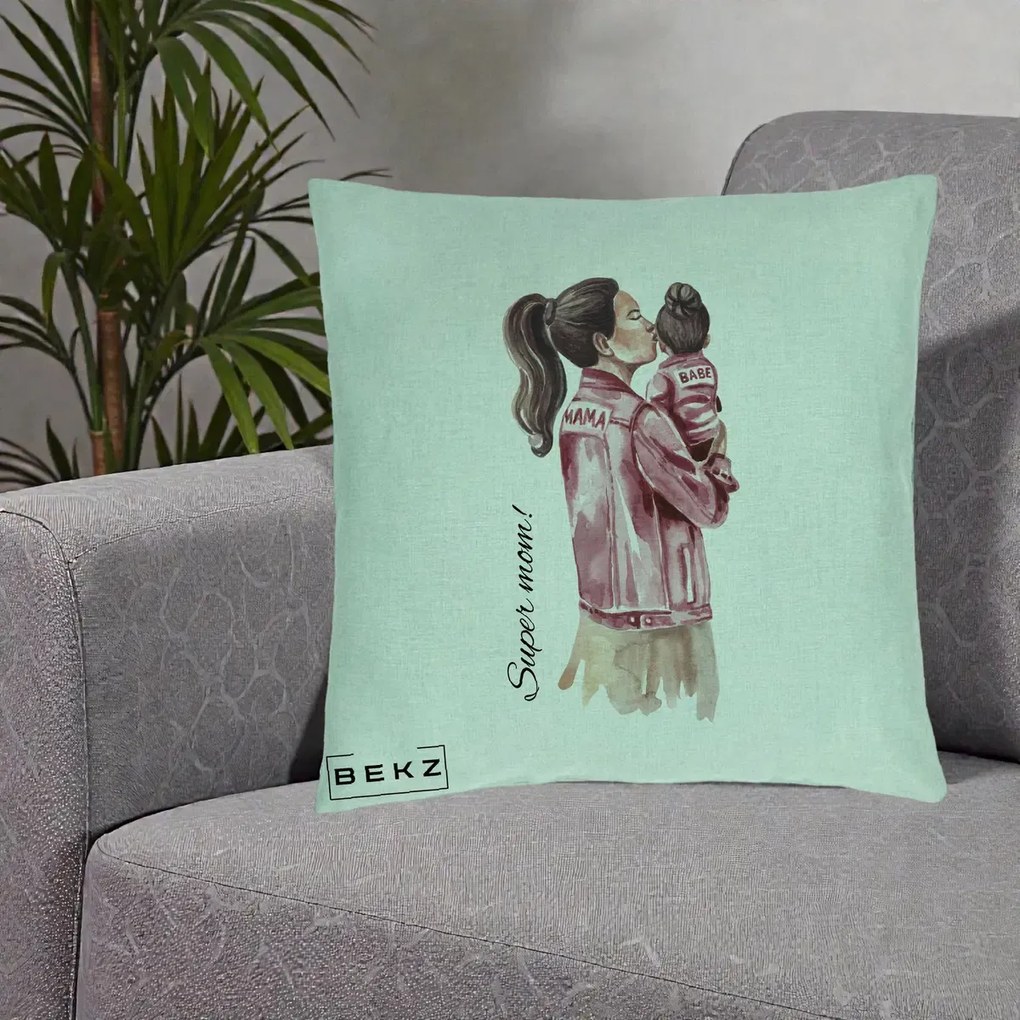Cadou pentru Mama - Perna Personalizata Super Mom Jachete Roz, 40x40 cm, Verde Menta, Husa Detasabila, Perna Inclusa, BEKZ®