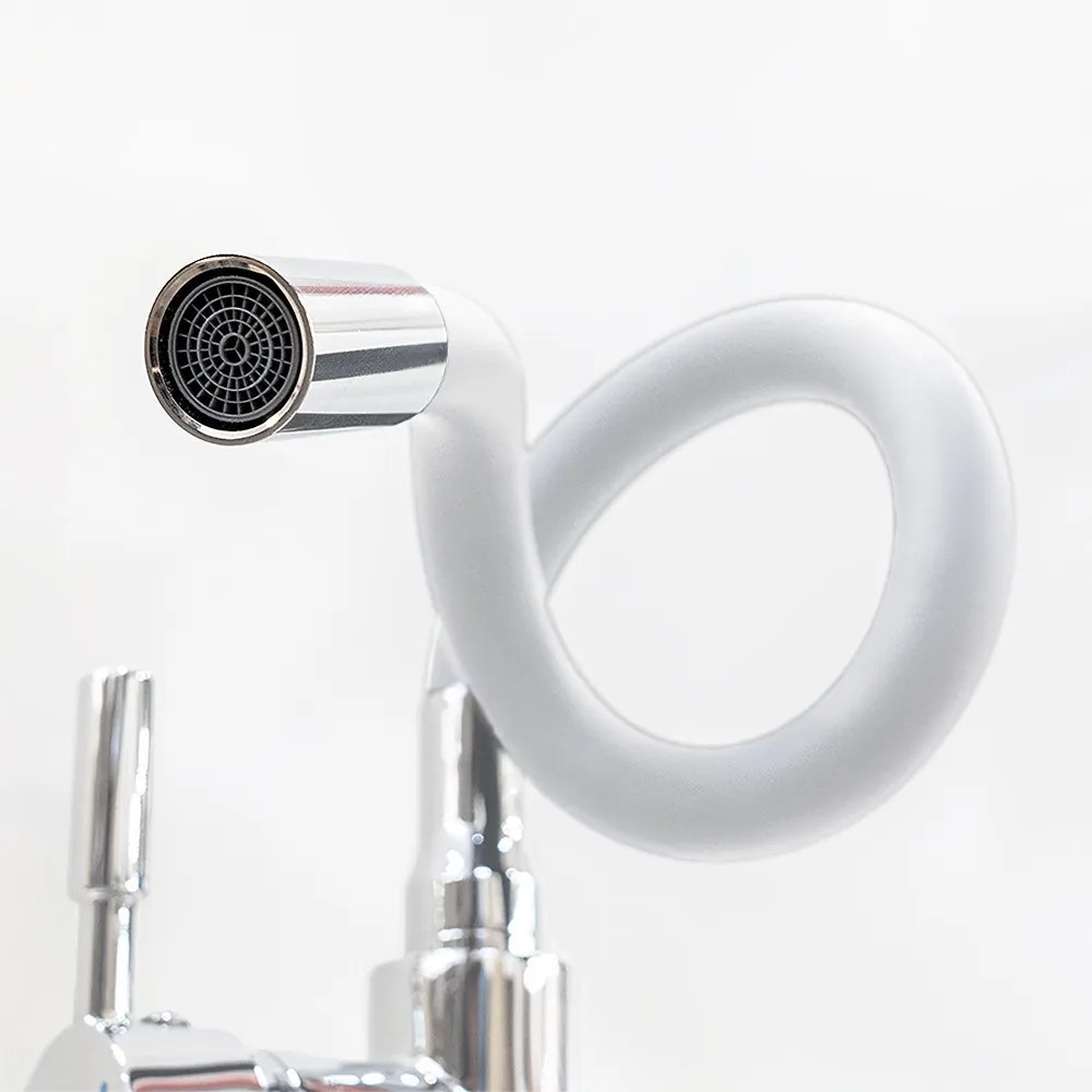 Robinet mixer pentru chiuvetă cu piedestal Corin cu gura de scurgere flexibilă alb