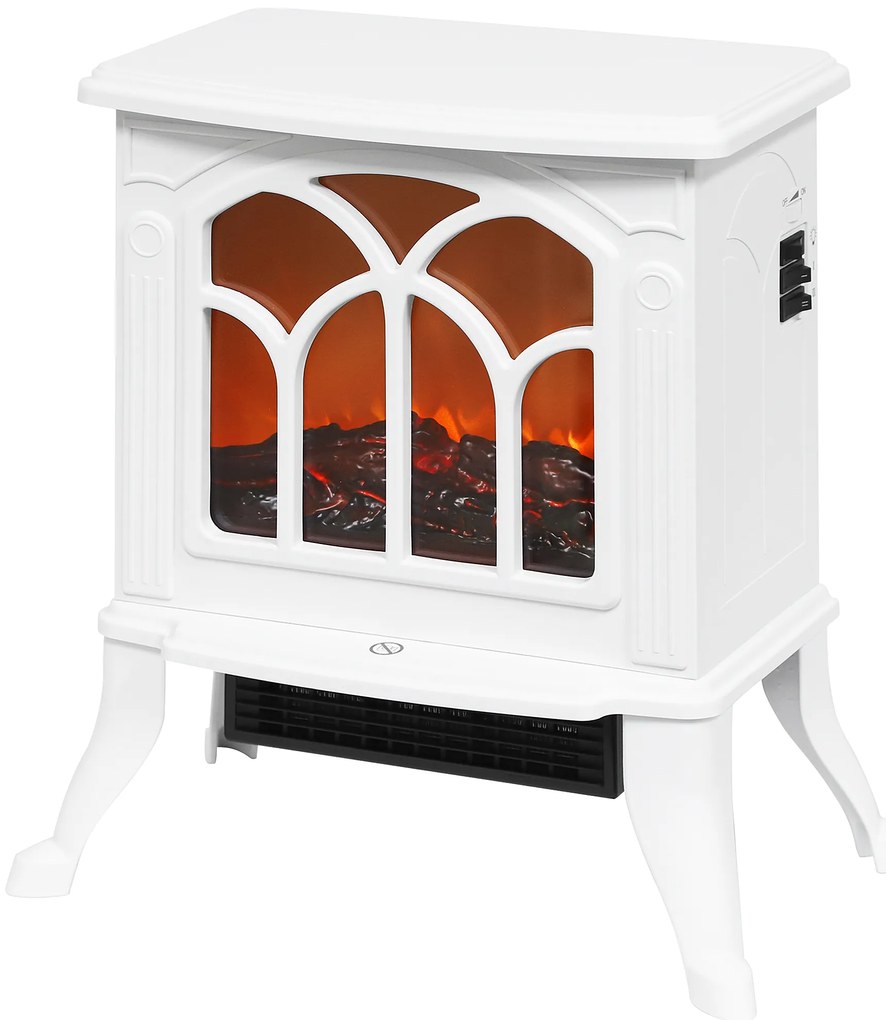 HOMCOM Șemineu electric pe picior 750/1500 W, șemineu decorativ cu efect flacără LED, 37,3 x 23,1 x 44 cm, alb | Aosom Romania