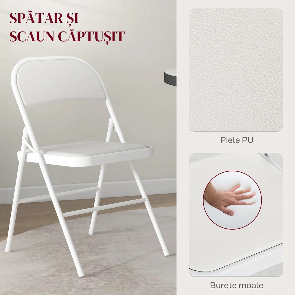 HOMCOM Set de 2 Scaune Pliabile, Scaune Moderne cu Perne din Poliester pentru Acasă și Birou, 45x46x78 cm, Alb | Aosom Romania