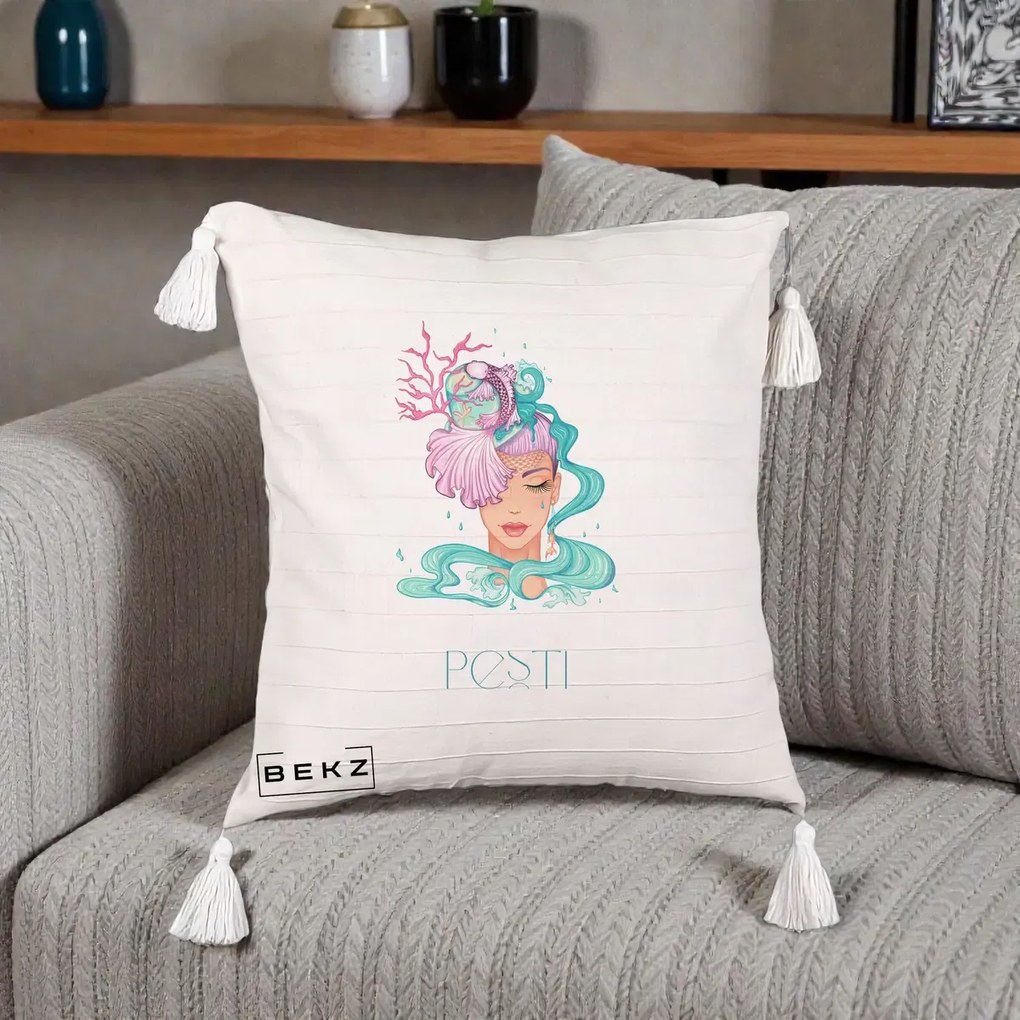 Perna Personalizata Zodiac Pesti Cowgirl, 40x40 cm, Bej cu Franjuri, Husa Detasabila, Perna Inclusa, BEKZ®