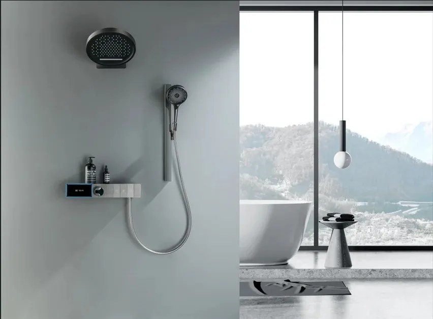 Sistem dus digital smart 3 functii cu afisaj LED, palarie dus O32cm si panou termostatic, Form Harmony Negru