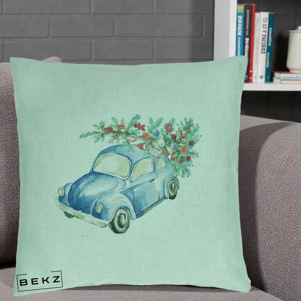 Perna Decorativa Masinuta Albastra cu Brad de Craciun, 40x40 cm, Verde Menta, Husa Detasabila, Perna Inclusa, BEKZ®