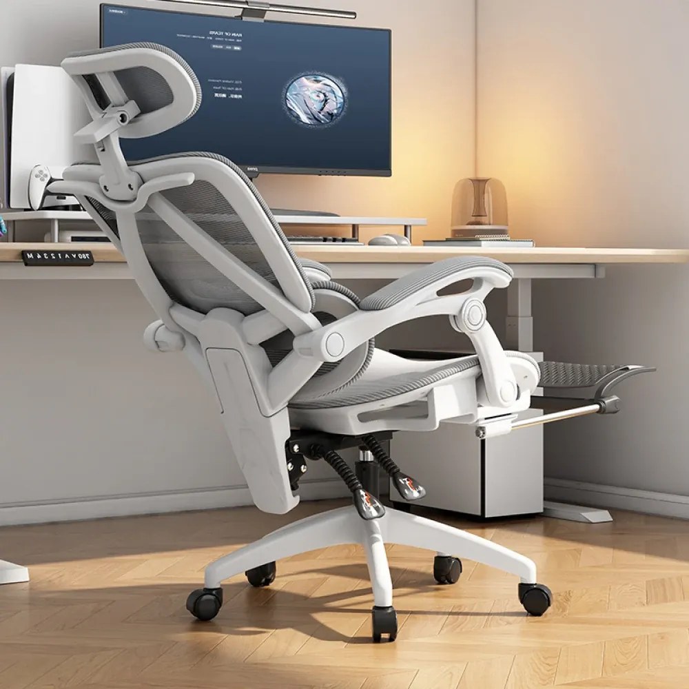 Scaun ergonomic, suport lombar dinamic, tetieră 3D, cotiere de legatura, umeras, pivotant, Mesh, Alb/Gri