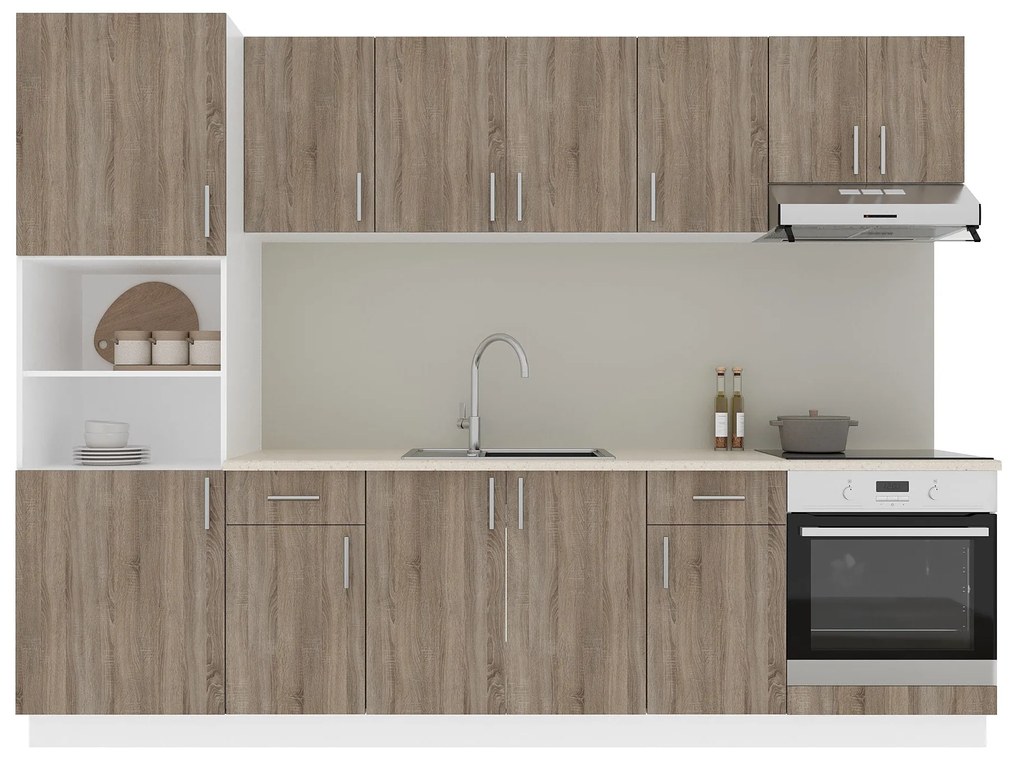 Set Bucatarie Karo V24, Stejar Sonoma Inchis/Alb, Blat Thermo 28 mm, L 280 cm