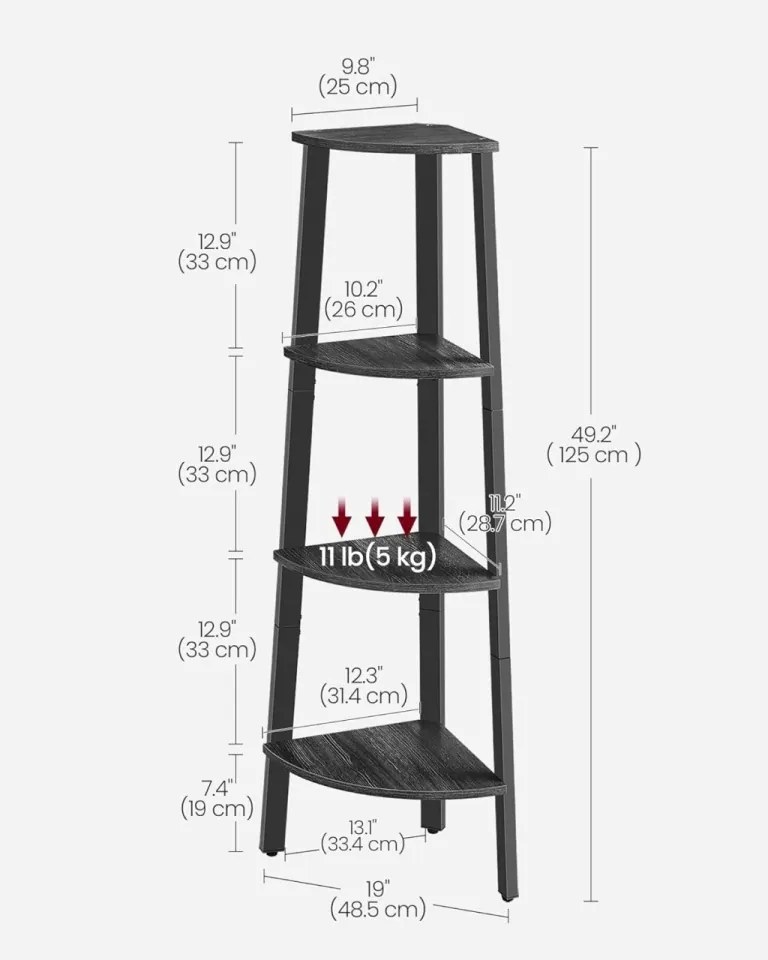 Etajera de colt, 33,4 x 33,4 x 125 cm, metal / PAL, negru, Vasagle