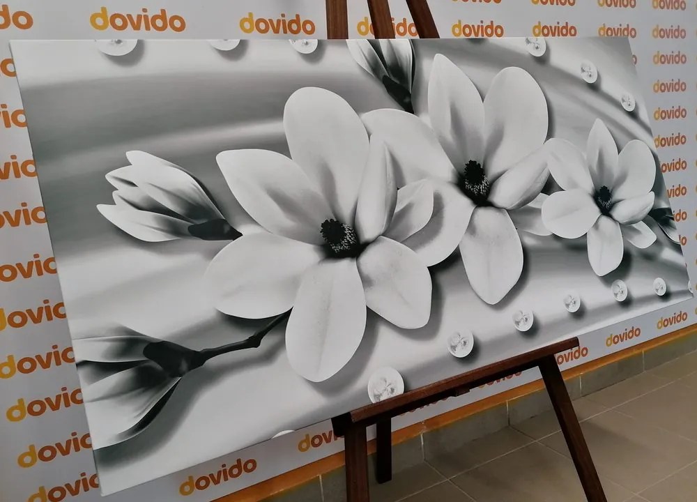 Tablou magnolie luxoasă cu perle în alb-negru