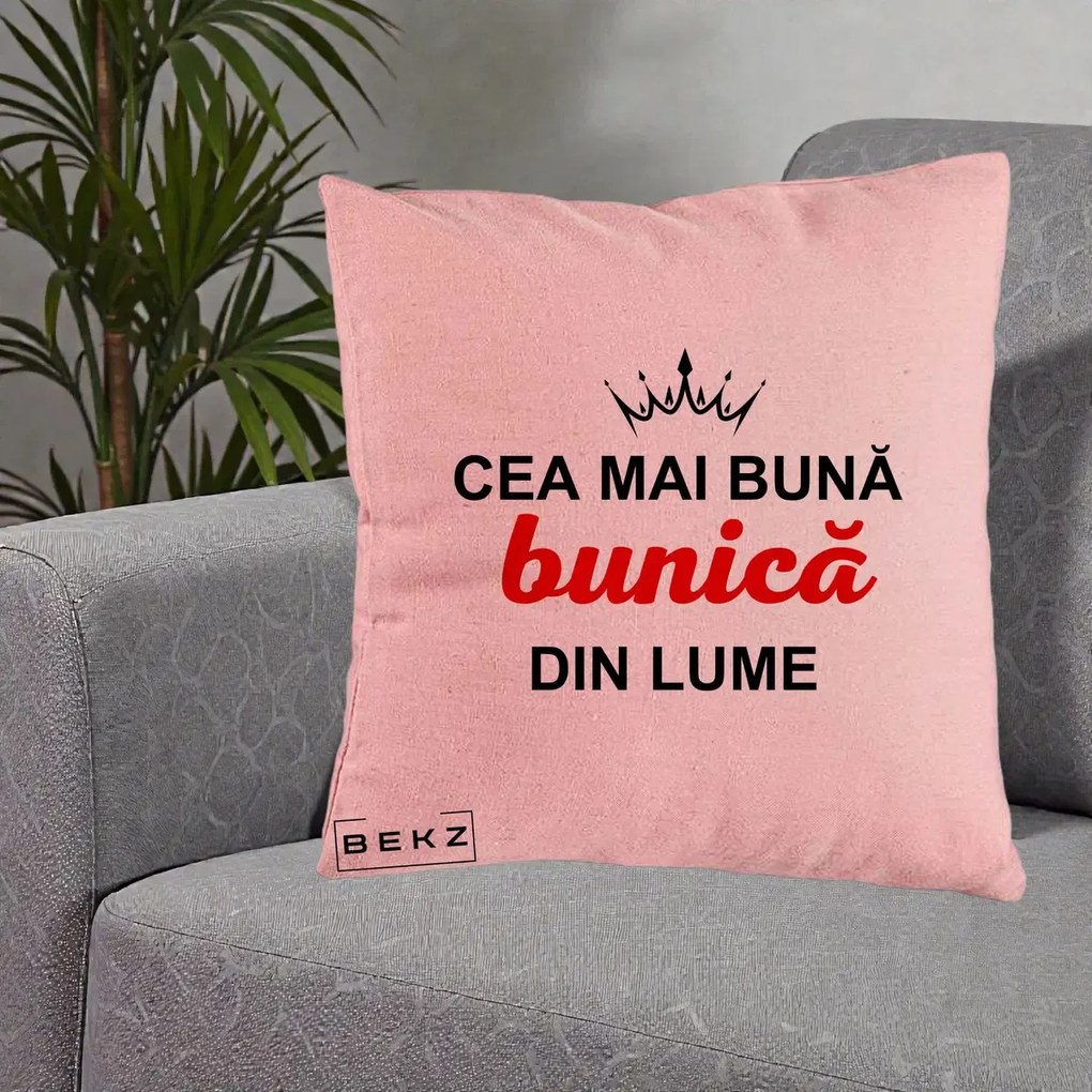 Cadou pentru Bunica - Perna Personalizata Cea Mai Buna Bunica Din Lume Coroana Neagra, 40x40 cm, Roz, Husa Detasabila, Perna Inclusa, BEKZ®