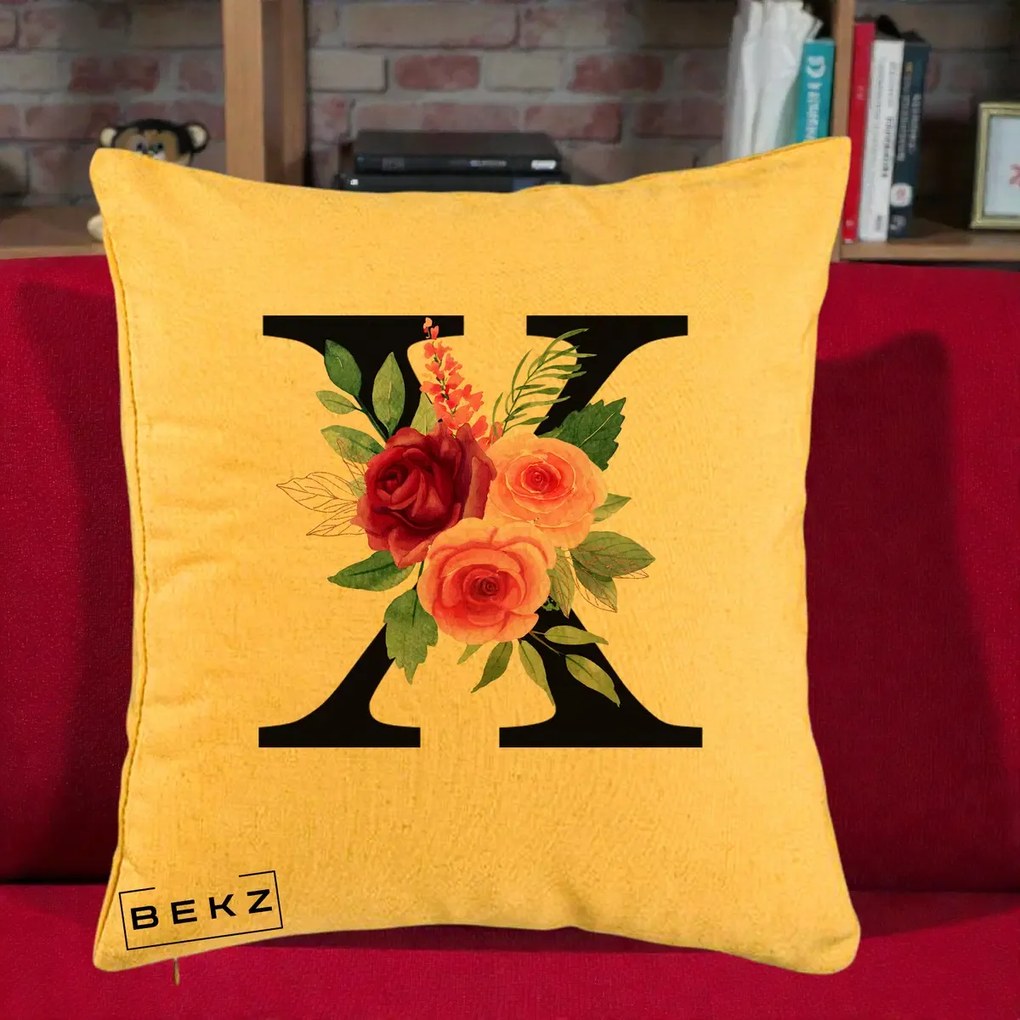 Cadou Personalizat - Perna Personalizata Monograma Florala Litera X cu Buchet, 40x40 cm, Galben, Husa Detasabila, Perna Inclusa, BEKZ®