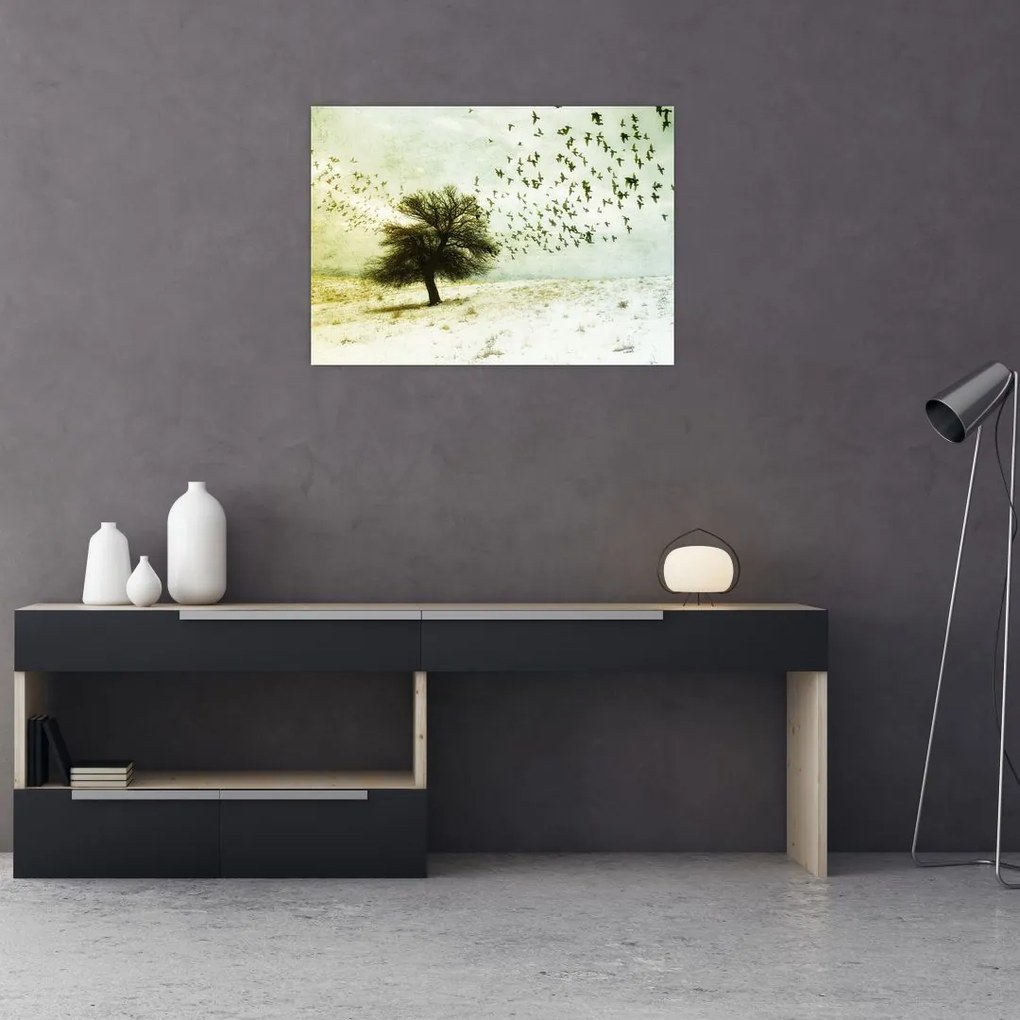 Tablou pe sticlă - cu multe păsări pictate (70x50 cm)