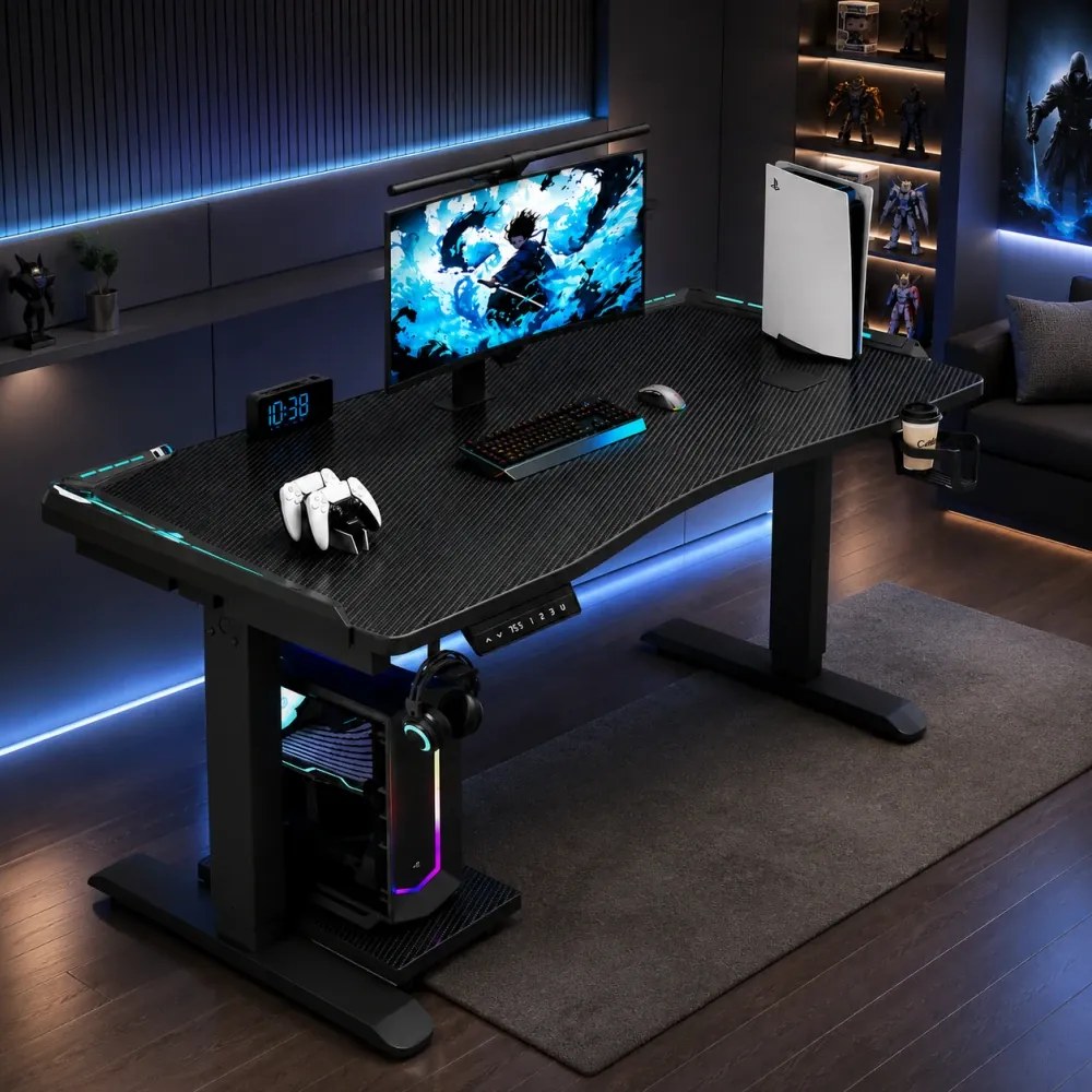 KRYON GT15 – Birou Gaming Electric, 2 Motoare, Reglare 67–112 cm, RGB, Încărcare Wireless, Memorie 3 Poziții, Blat Carbon, 120 kg, 120x60 cm, Negru