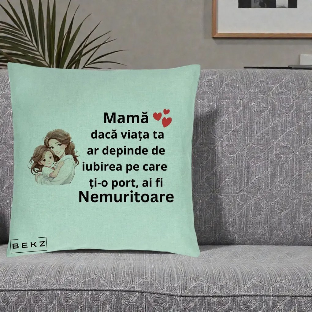 Cadou pentru Mama - Perna Personalizata Mama Nemuritoare cu Balon Inima, 40x40 cm, Verde Menta, Husa Detasabila, Perna Inclusa, BEKZ®