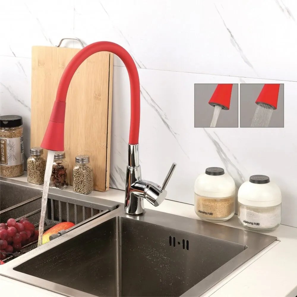 Baterie bucatarie cu pipa flexibila Inter Ceramic Havana finisaj crom lucios-rosu mat cu 2 functii