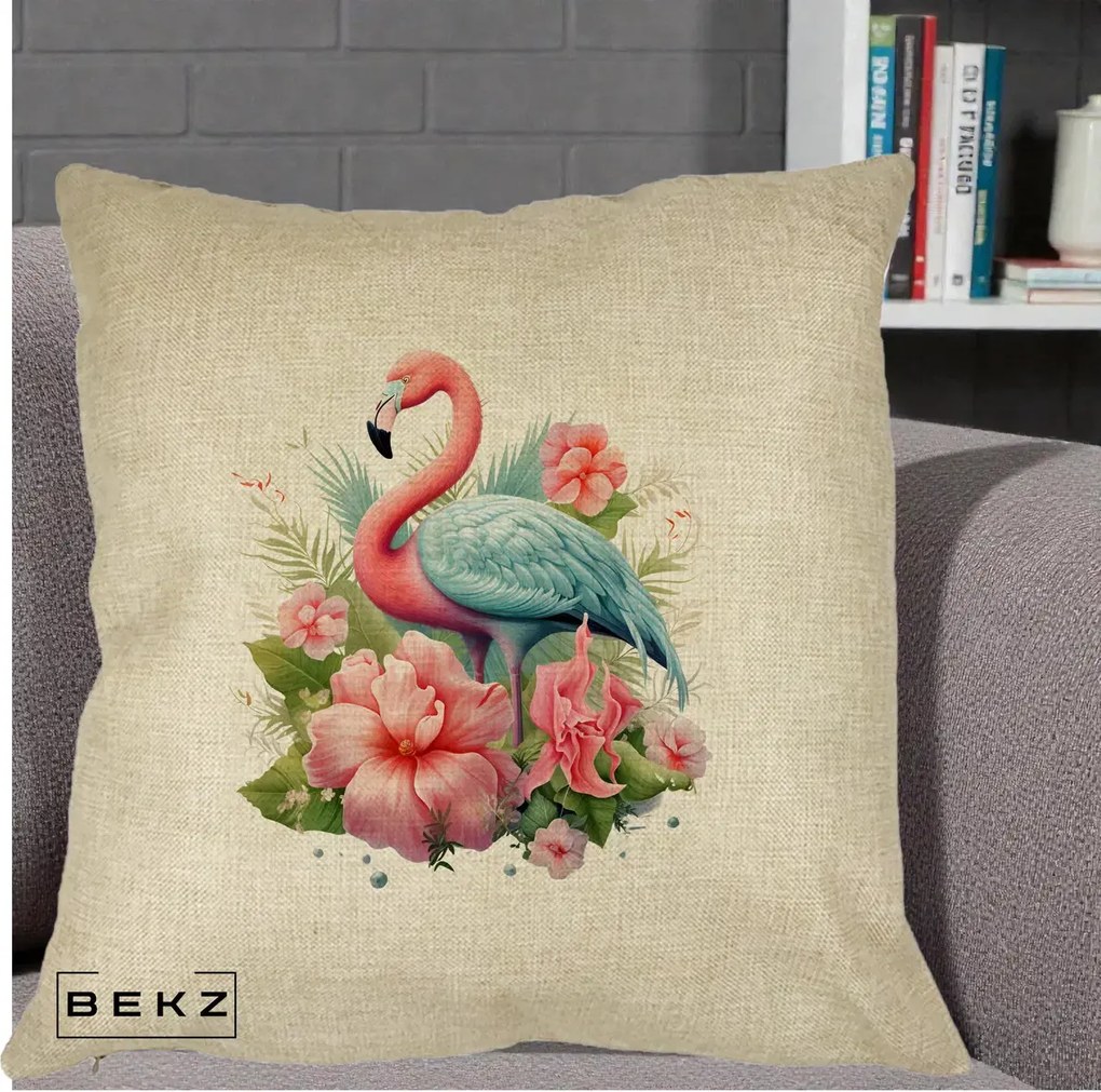 Perna Decorativa Flamingo cu Hibiscus Tropical, 40x40 cm, Crem, Husa Detasabila, Perna Inclusa, BEKZ®