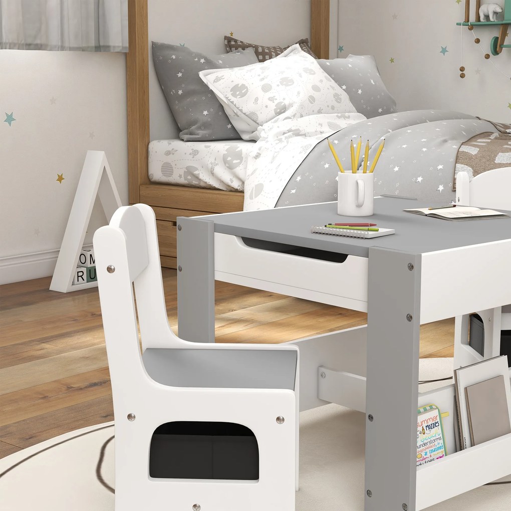 HOMCOM Set de Masă și Scaun pentru Copii, Set de Birou și Scaun pentru Copii 2-în-1 cu Tablă și Rafturi pentru Cărți, 61.5x61.5x48 cm, Gri | Aosom Romania