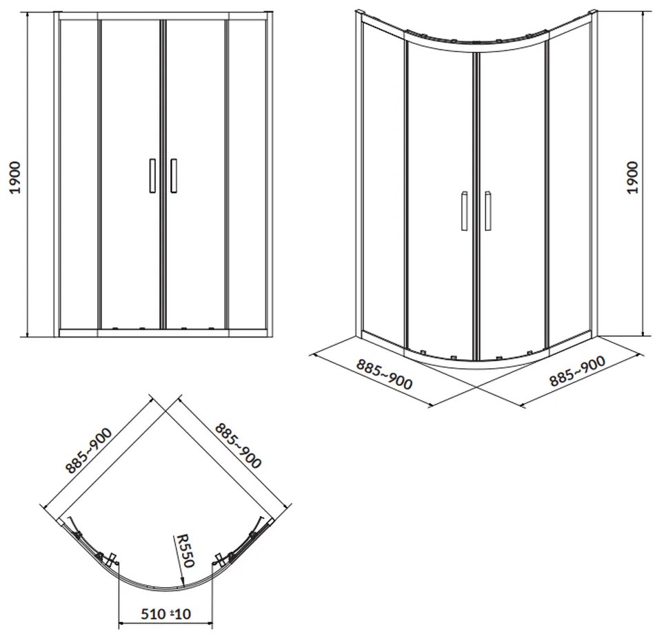 Cabina de dus semirotunda 90x90 cm Cersanit Arteco, crom 900x900 mm