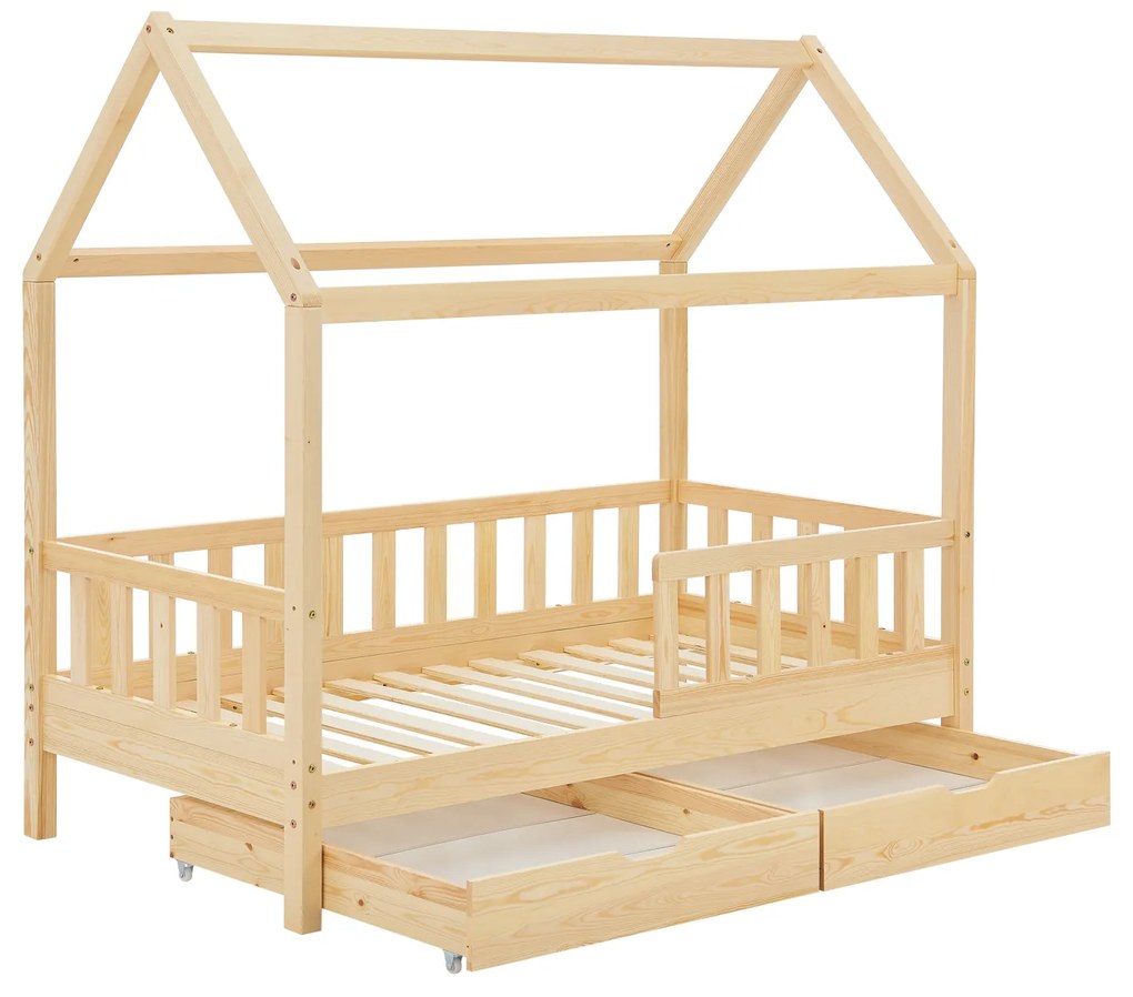 Patut Marli 90 x 200 cm cu 2 sertare si grilaj sipci - natural