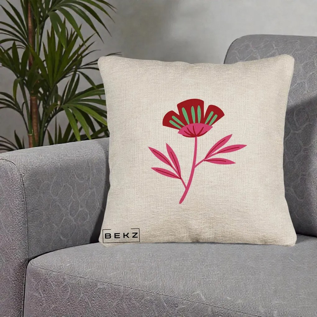Perna Decorativa Floare Macul Roz-Rosu Grafic, 40x40 cm, Bej Canapea, Husa Detasabila, Perna Inclusa, BEKZ®