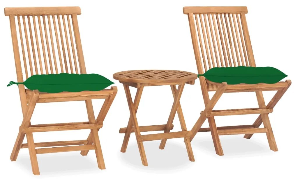 Set mobilier pliabil exterior cu perna, 3 piese, lemn masiv tec Verde, 3