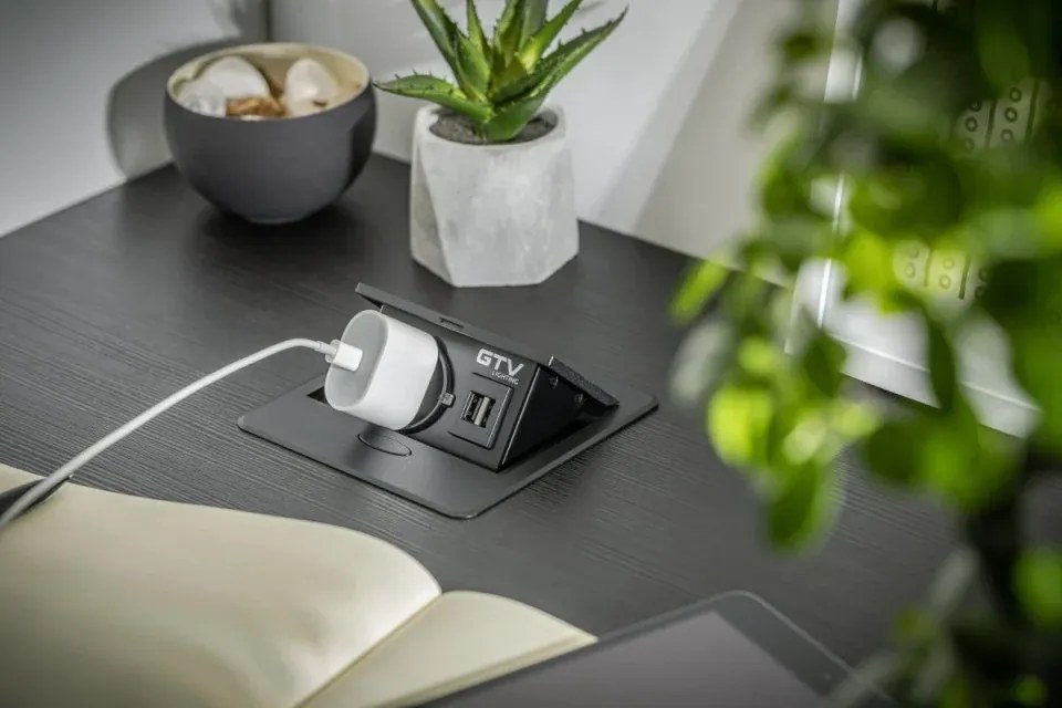 Priză încorporabilă în blat Avaro GTV, 1 priză Schuko, USB A + C, negru Aluminiu/ plastic, Negru