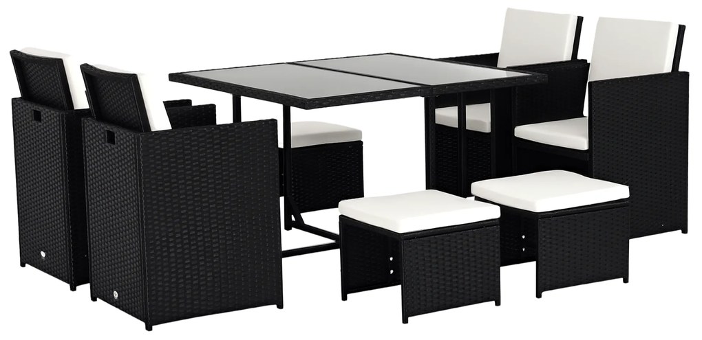 Outsunny Set Mobilier de Grădină încorporabil 8 persoane 9 piese rășină împletită 4 fire imitație răchită Negru Perne detașabile crem | Aosom Romania