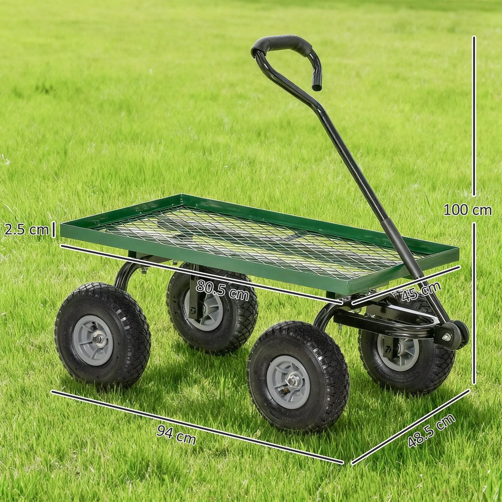 Outsunny Roabă de Grădină cu Mâner și 4 Roți Mari, Capacitate 150 kg, 94x48,5x100 cm, Verde | Aosom Romania