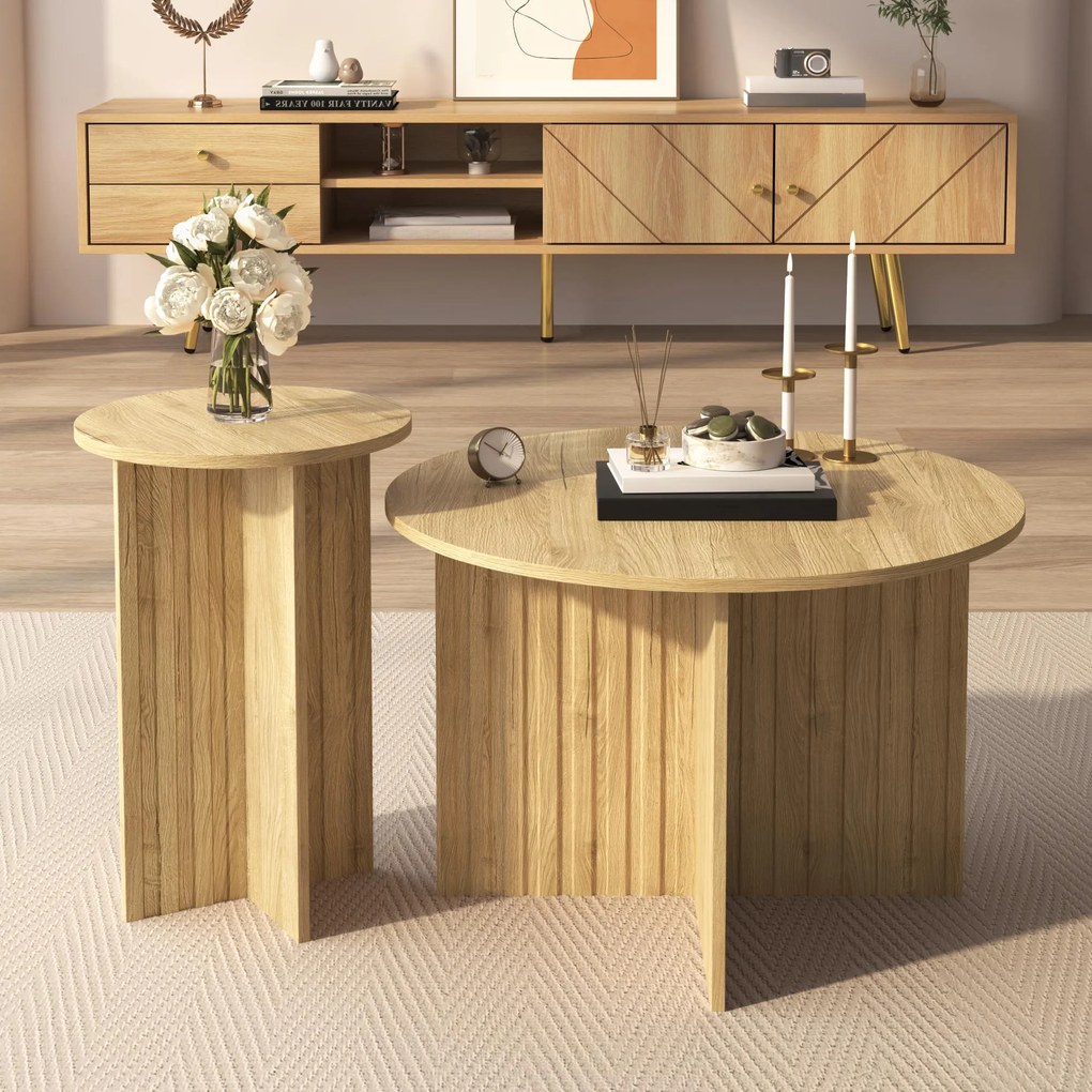 Set modern de 2 măsuțe tip cuib, cu blaturi rotunde și structură verticală pe lateral, 76x76x50 cm/40x40x56,5 cm, Culoare naturală