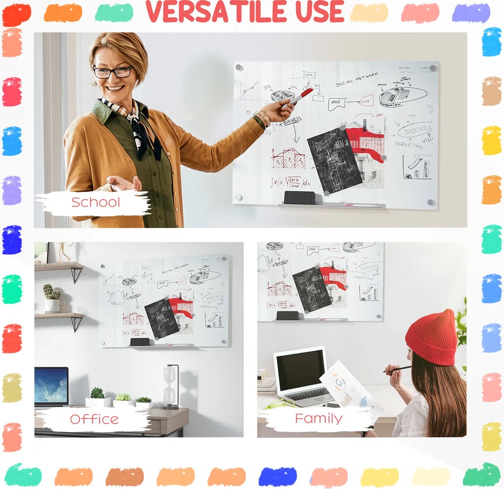 Vinsetto Tablă de Sticlă Albă cu 4 Markere și Burete de Șters 90x60x0.4 cm | Aosom Romania