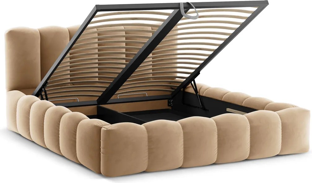 Pat tapitat cu somiera rabatabila si lada depozitare, 140x200 cm, Micadoni Home, Lupine-88, catifea, bej sand