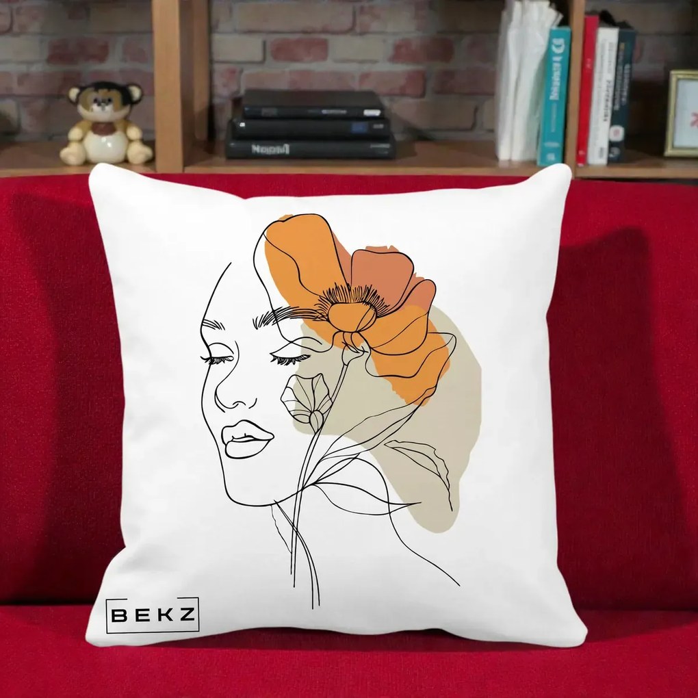 Perna Decorativa Portret Feminin Mac Mare Portocaliu, 40x40 cm, Alba Mata, Husa Detasabila, Perna Inclusa, BEKZ®