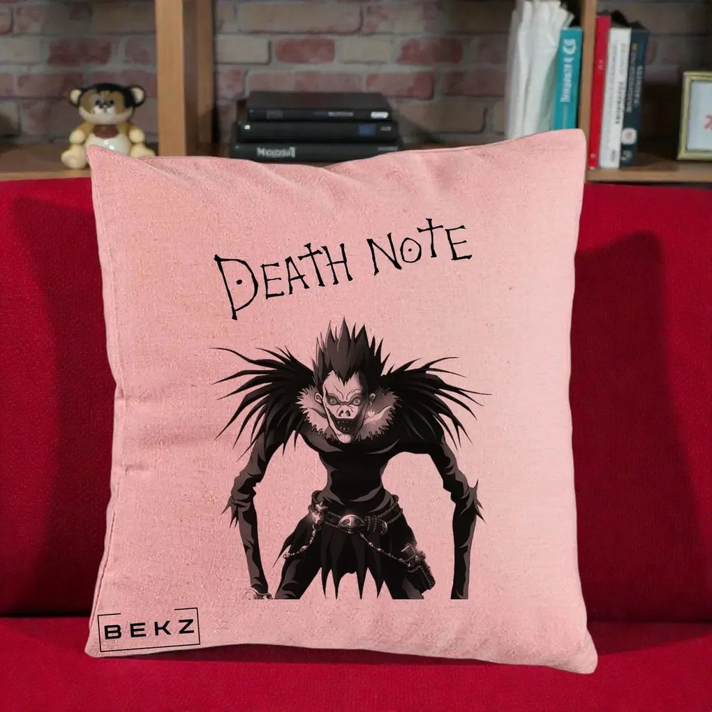 Perna Personalizata Death Note Ryuk Shinigami Alb-Negru, 40x40 cm, Roz, Husa Detasabila, Perna Inclusa, BEKZ®