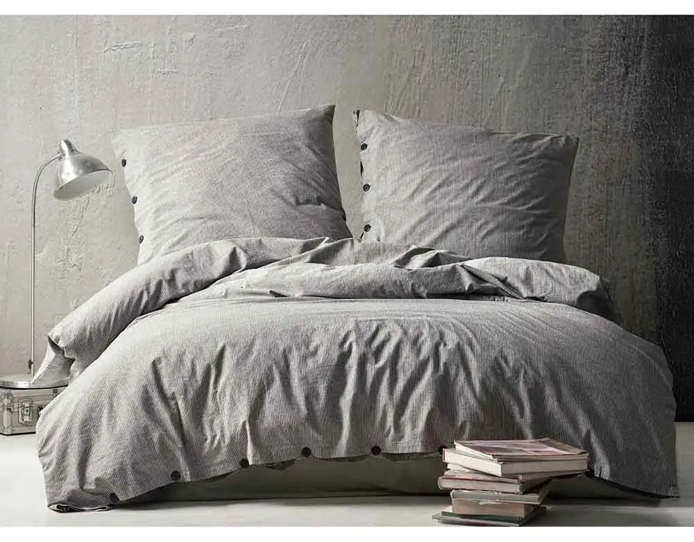 LENJERIE DE PAT NATURAL STRIPES, 2 PERSOANE, CEARCEAF PAT 240X260 CM, HUSA PILOTA 200X220 CM, 2 FETE PERNA 50X70 CM, 100% BUMBAC CU ASPECT DE IN, SISTEM INCHIDERE NASTURI, GRI/ALB