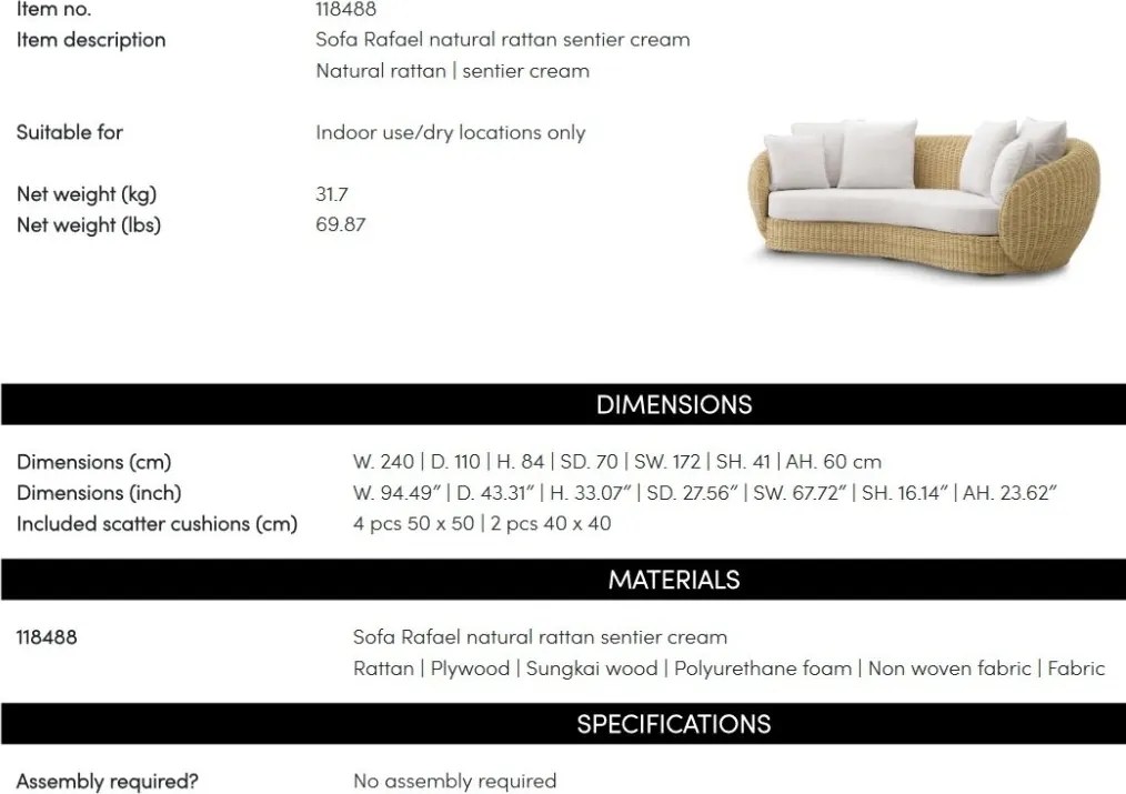 Canapea din ratan design LUX clasic Rafael