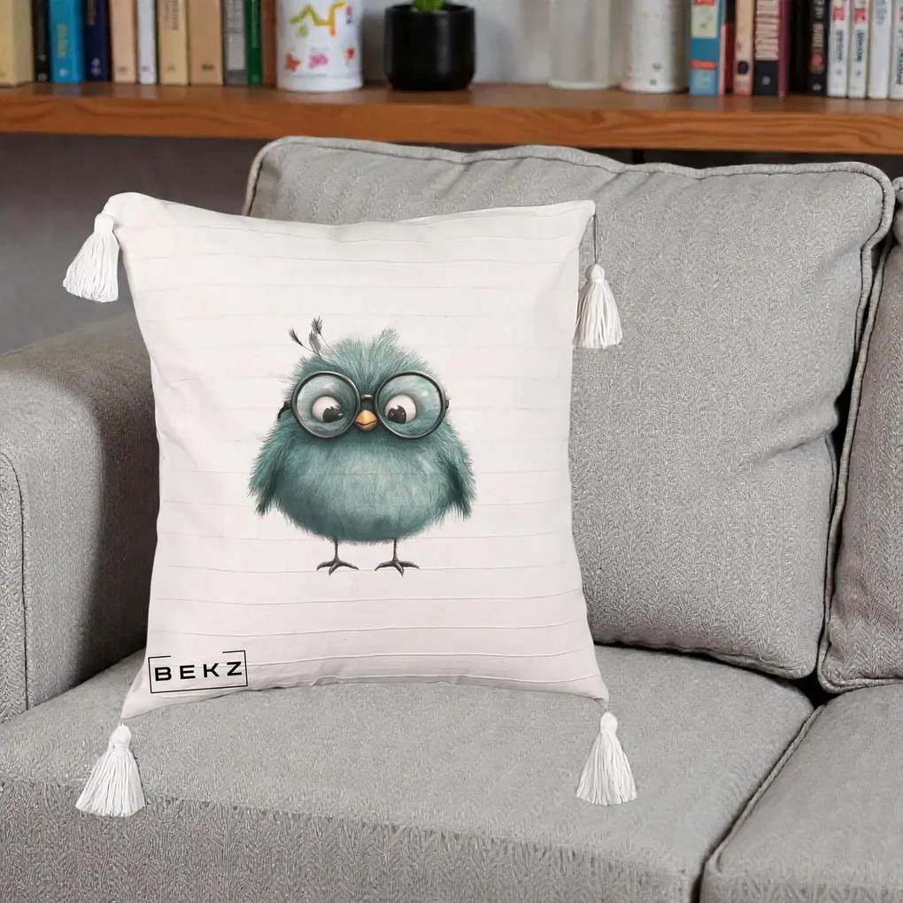 Perna Decorativa Pui Teal cu Ochelari Rotunzi, 40x40 cm, Bej cu Franjuri, Husa Detasabila, Perna Inclusa, BEKZ®