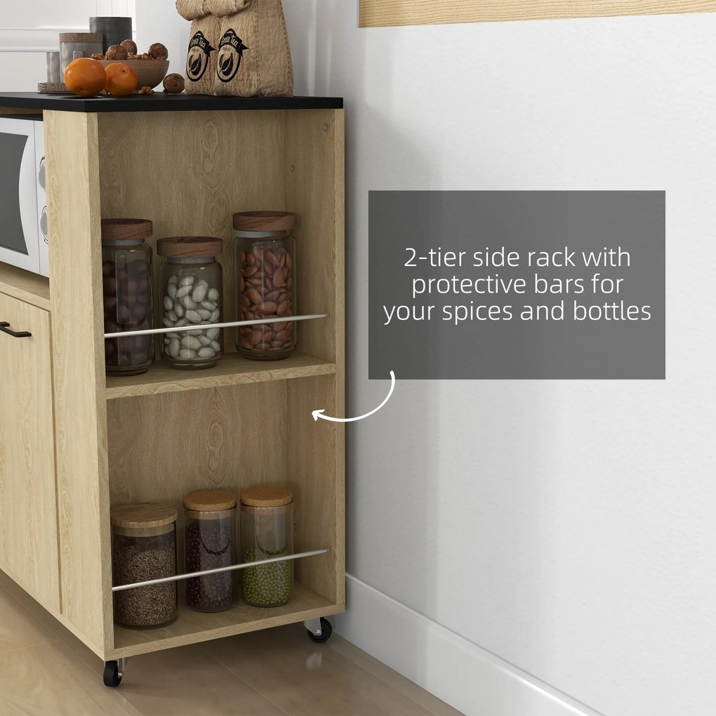 Cărucior de bucătărie din PAL cu raft deschis, dulap cu 2 uși și poliță laterală cu 2 niveluri, 75x40x80,5cm stejar și negru HOMCOM | Aosom Romania