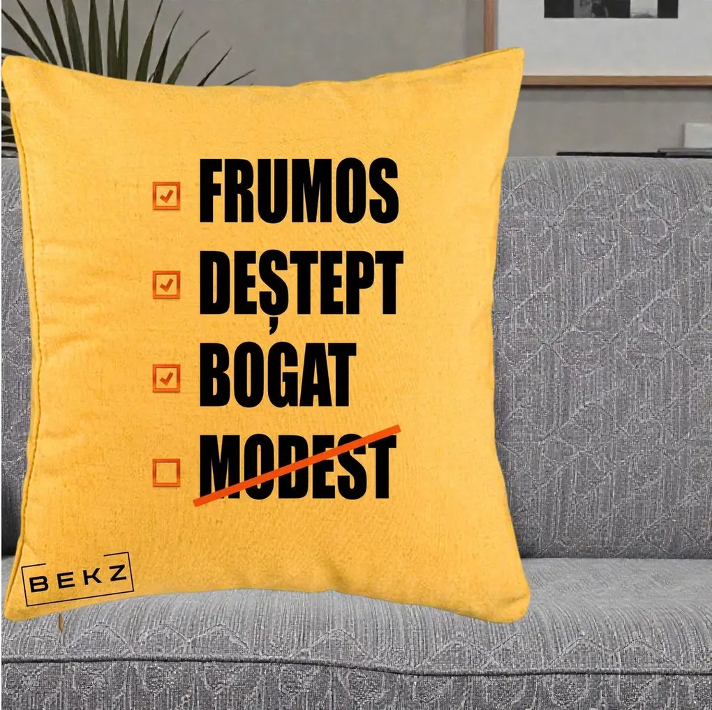 Perna Decorativa Frumos Destept Bogat, 40x40 cm, Galben, Husa Detasabila, Perna Inclusa, BEKZ®