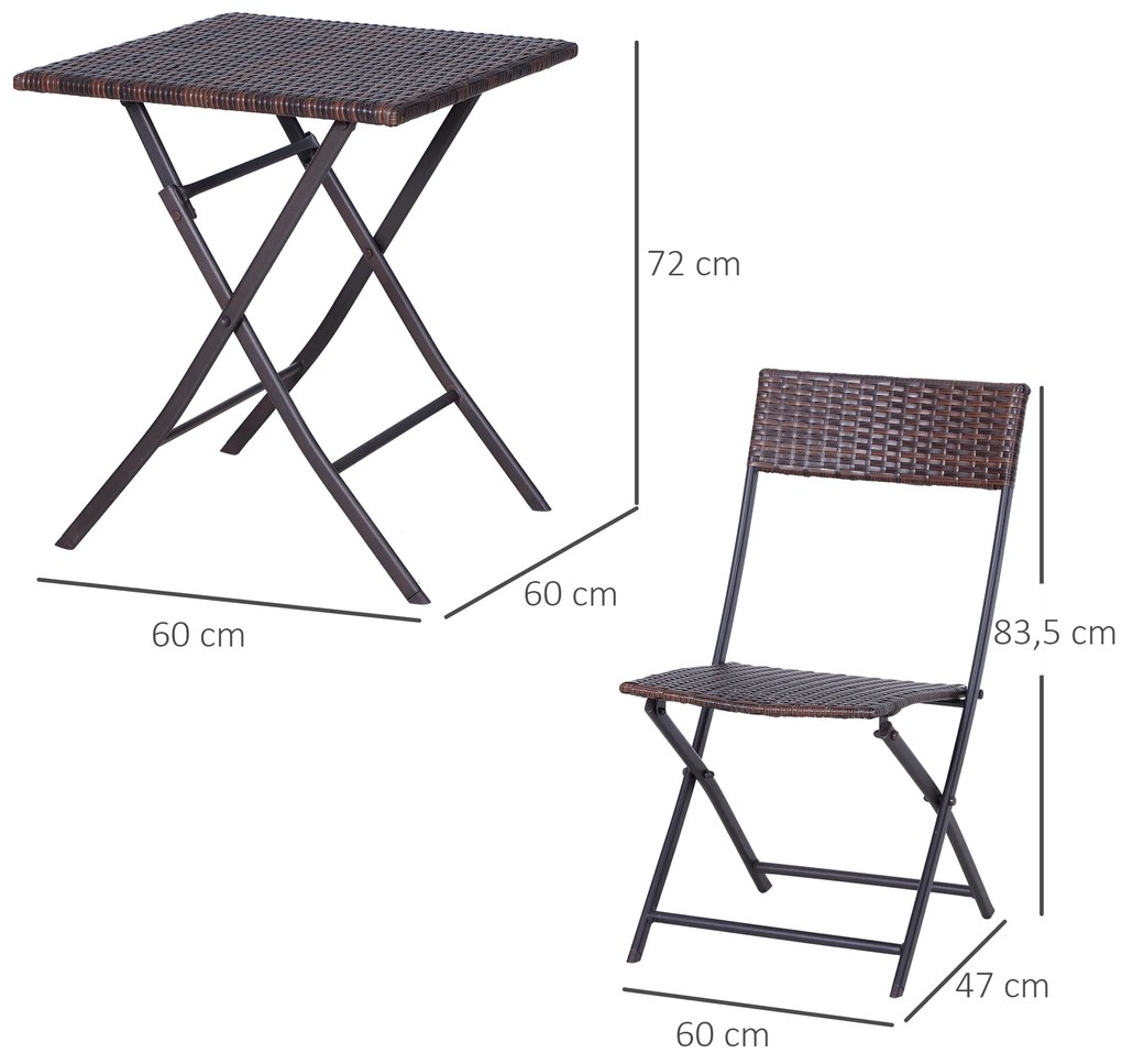 Outsunny Set Mobilier pentru Balcon din Rattan PE, Include Masă de Cafea și 2 Scaune Pliabile, 60x60x72cm, Maro | Aosom Romania