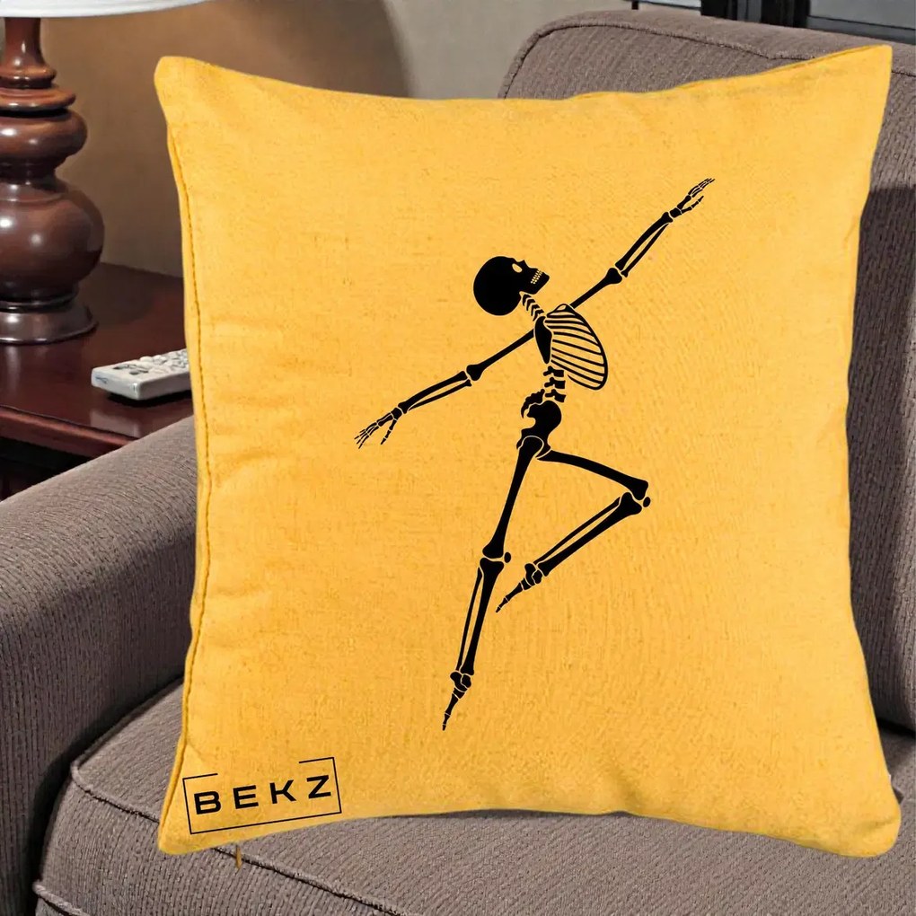 Perna Decorativa Schelet Dansator Silueta Neagra Halloween, 40x40 cm, Galben, Husa Detasabila, Perna Inclusa, BEKZ®
